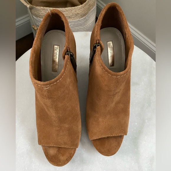 BCBGenteration Karlyn Suede Cognac Peep Toe Wedge Booties - Size 7 - Picture 2 of 6